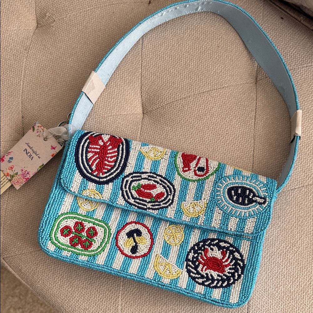 Beaded Sea Motif Shoulder Bag - Turquoise